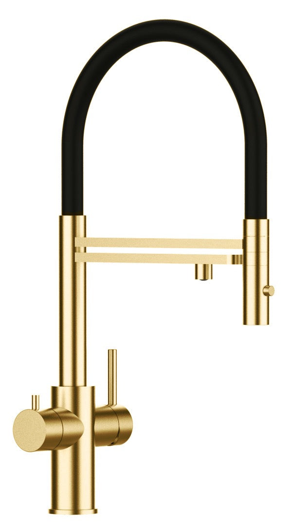 5 Way Kitchen Filter Tap in Solid STAINLESS STEEL, with 360° swivel spout and 2-jets removable Spray, Satin Gold PVD / Black