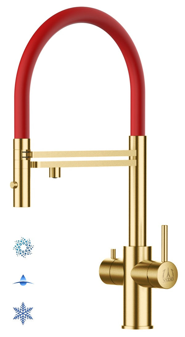 5 Way Kitchen Filter Tap in Solid STAINLESS STEEL, with 360° swivel spout and 2-jets removable Spray, Satin Gold PVD / Red