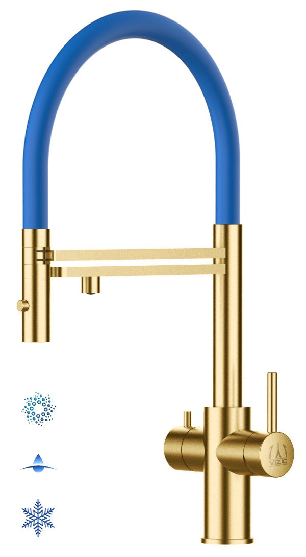 5 Way Kitchen Filter Tap in Solid STAINLESS STEEL, with 360° swivel spout and 2-jets removable Spray, Satin Gold PVD / Blue