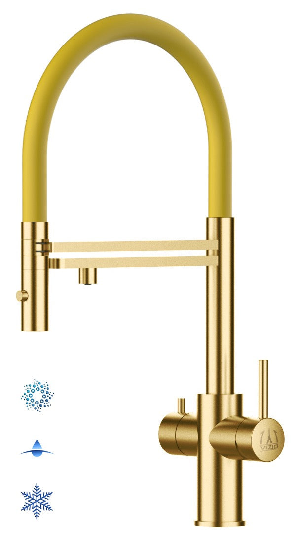 5 Way Kitchen Filter Tap in Solid STAINLESS STEEL, with 360° swivel spout and 2-jets removable Spray, Satin Gold PVD / Yellow