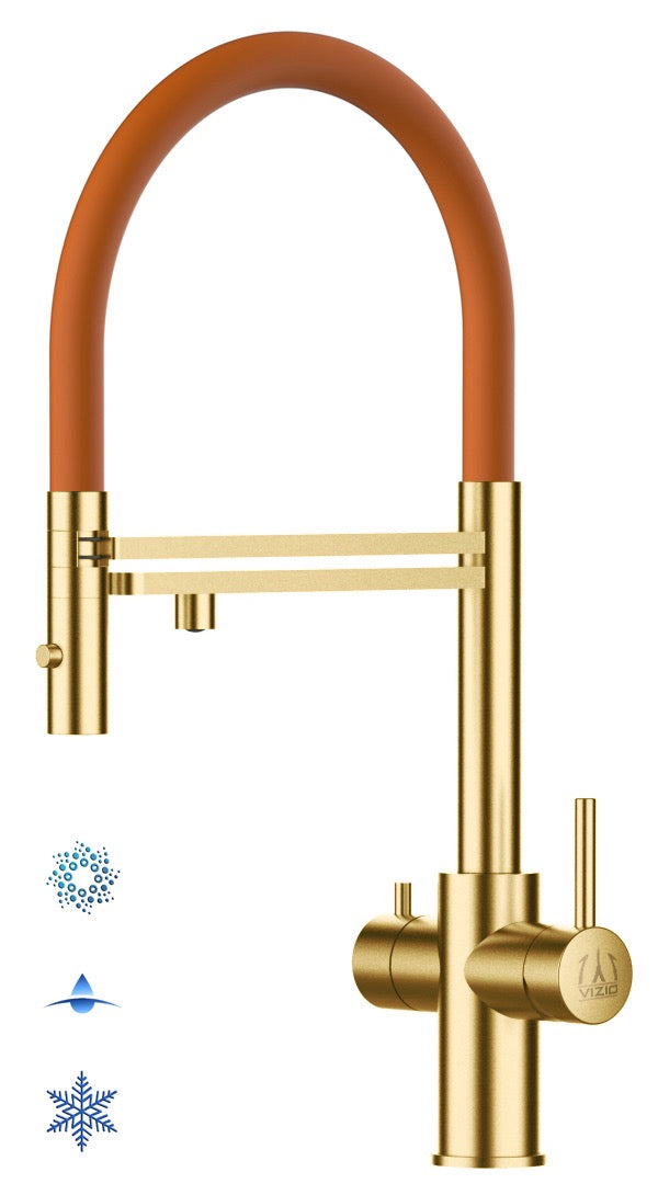 5 Way Kitchen Filter Tap in Solid STAINLESS STEEL, with 360° swivel spout and 2-jets removable Spray, Satin Gold PVD / Orange