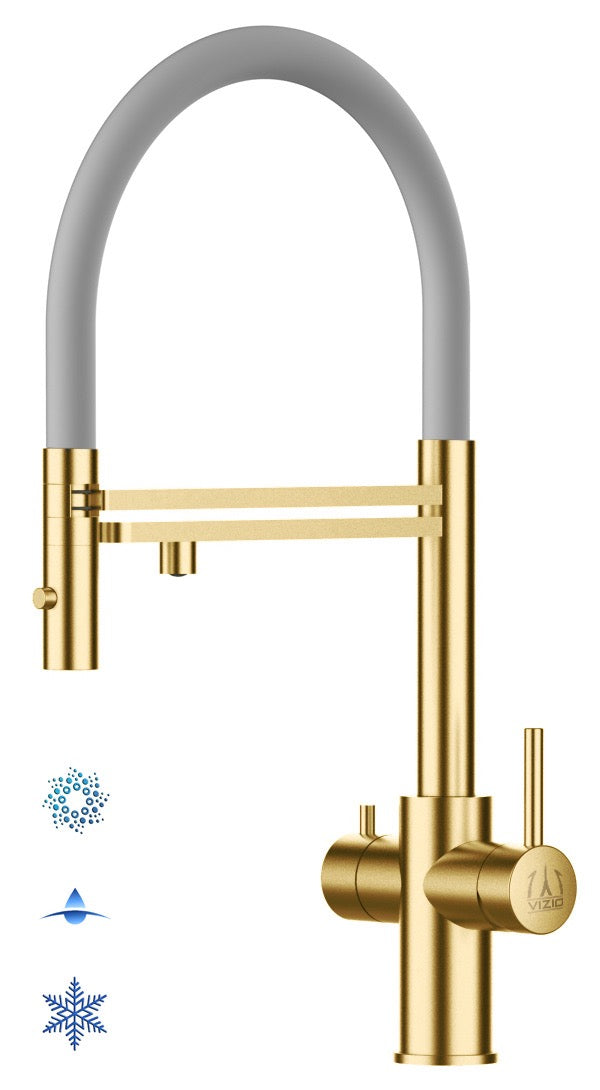 5 Way Kitchen Filter Tap in Solid STAINLESS STEEL, with 360° swivel spout and 2-jets removable Spray, Satin Gold PVD / Gray