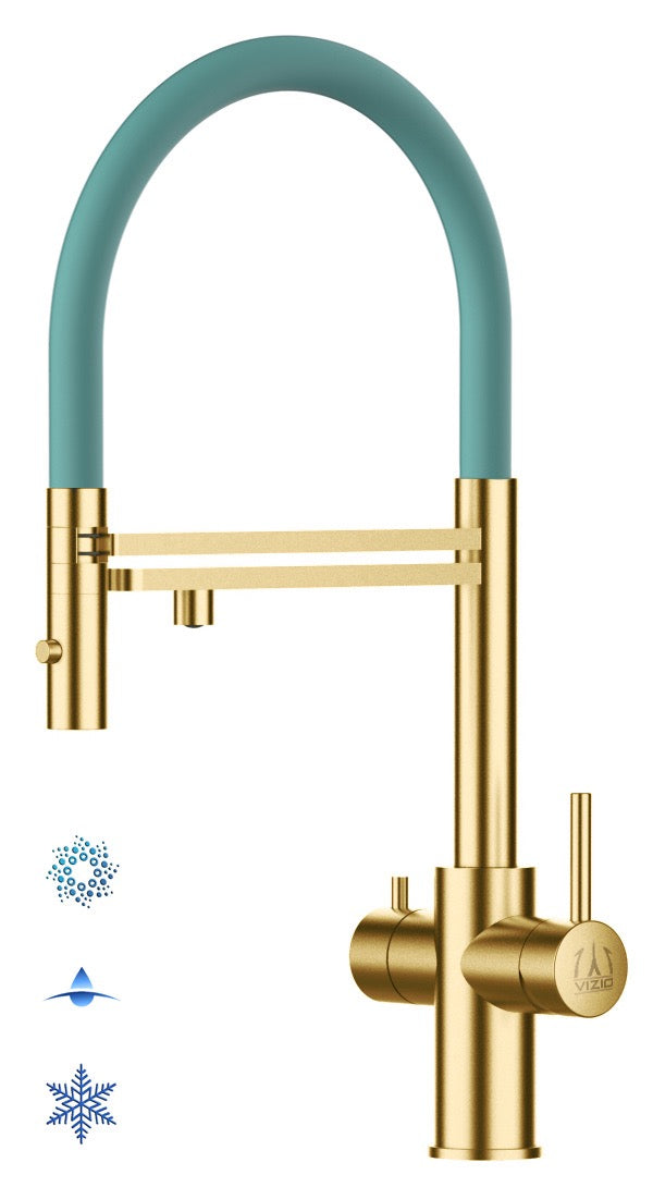5 Way Kitchen Filter Tap in Solid STAINLESS STEEL, with 360° swivel spout and 2-jets removable Spray, Satin Gold PVD / Turquoise