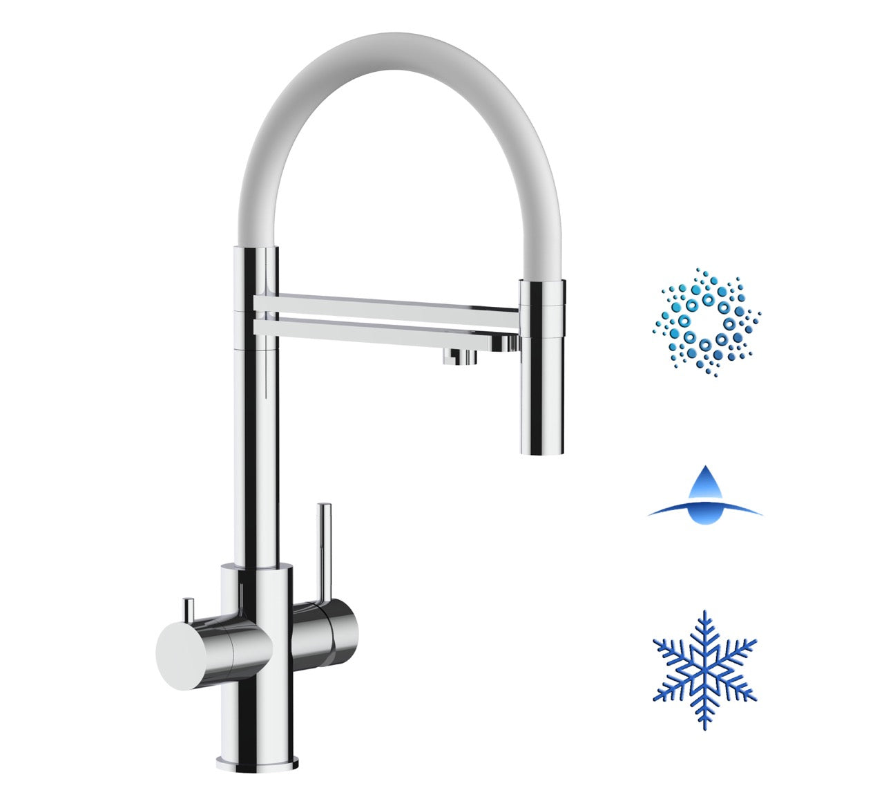 5 Way Kitchen Filter Tap in Solid STAINLESS STEEL, with 360° swivel spout and 2-jets removable Spray, Polished / White - Short version 47CM