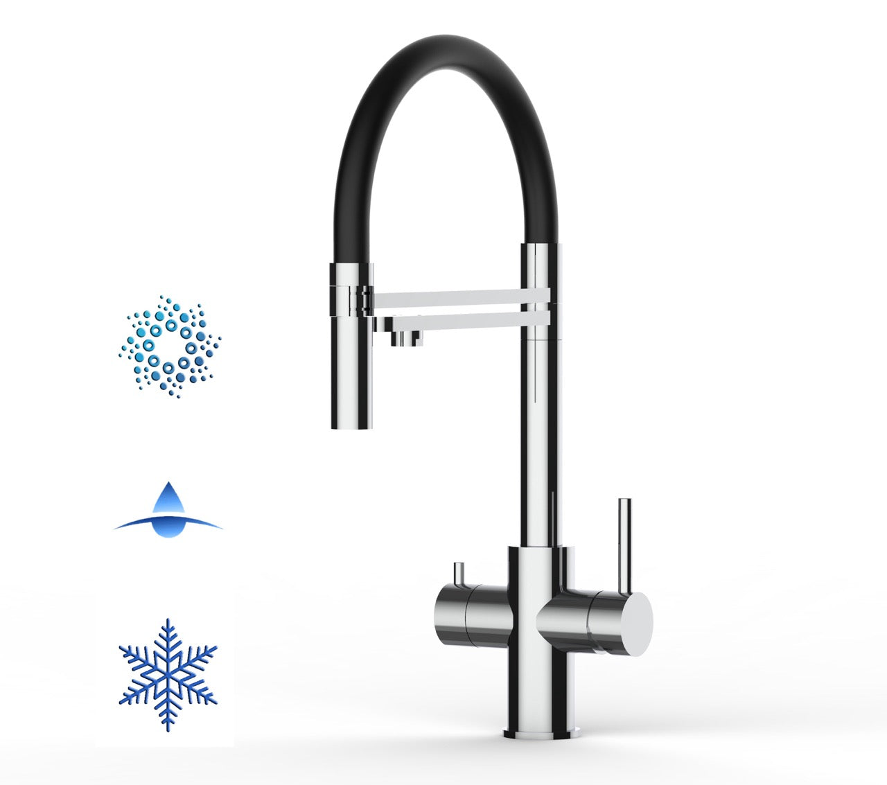 5 Way Kitchen Filter Tap in Solid STAINLESS STEEL, with 360° swivel spout and 2-jets removable Spray, Polished / Black - Short version 47CM