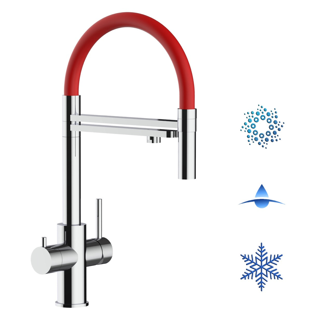 5 Way Kitchen Filter Tap in Solid STAINLESS STEEL, with 360° swivel spout and 2-jets removable Spray, Polished / Red - Short version 47CM