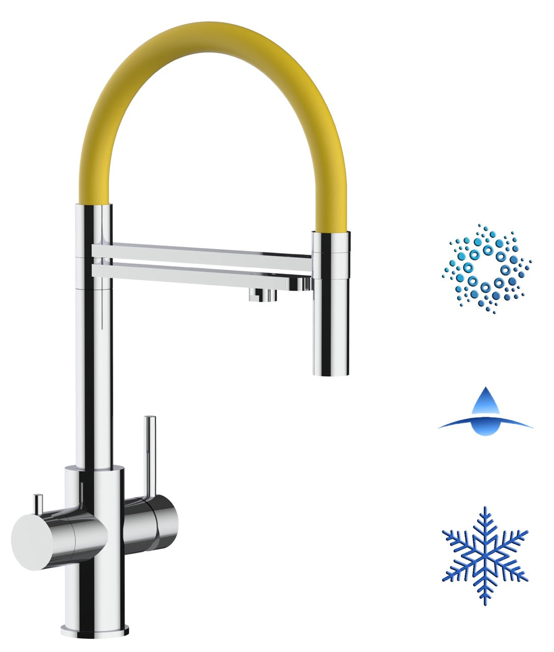 5 Way Kitchen Filter Tap in Solid STAINLESS STEEL, with 360° swivel spout and 2-jets removable Spray, Polished / Yellow - Short version 47CM