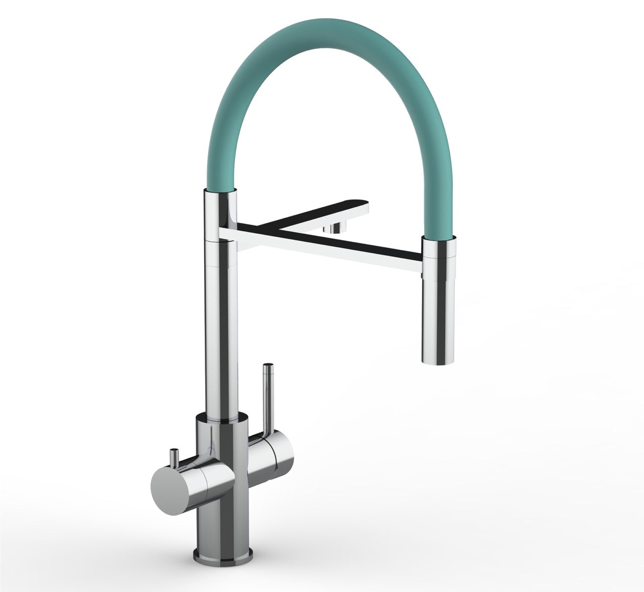 5 Way Kitchen Filter Tap in Solid STAINLESS STEEL, with 360° swivel spout and 2-jets removable Spray, Polished / Turquoise - Short version 47CM