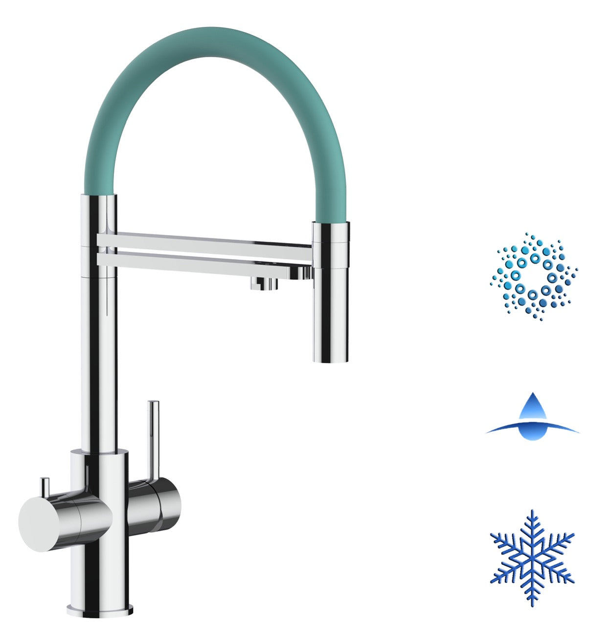 5 Way Kitchen Filter Tap in Solid STAINLESS STEEL, with 360° swivel spout and 2-jets removable Spray, Polished / Turquoise - Short version 47CM