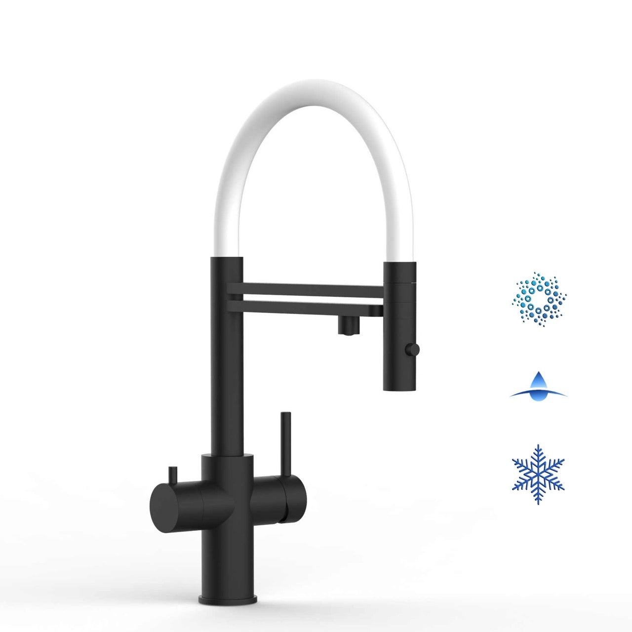 5 Way Kitchen Filter Tap in Solid STAINLESS STEEL, with 360° swivel spout and 2-jets removable Spray, Matt Black PVD / White - Short version 47CM