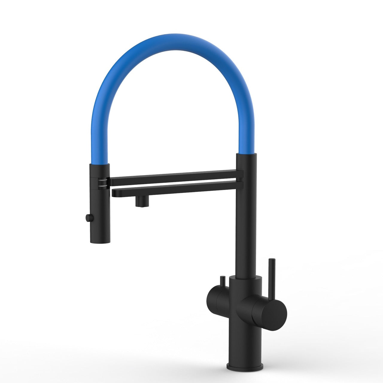 5 Way Kitchen Filter Tap in Solid STAINLESS STEEL, with 360° swivel spout and 2-jets removable Spray, Matt Black PVD / Blue - Short version 47CM