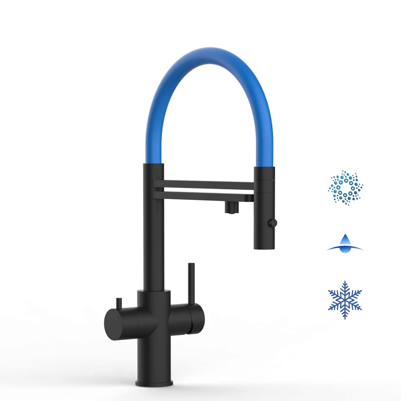 5 Way Kitchen Filter Tap in Solid STAINLESS STEEL, with 360° swivel spout and 2-jets removable Spray, Matt Black PVD / Blue - Short version 47CM