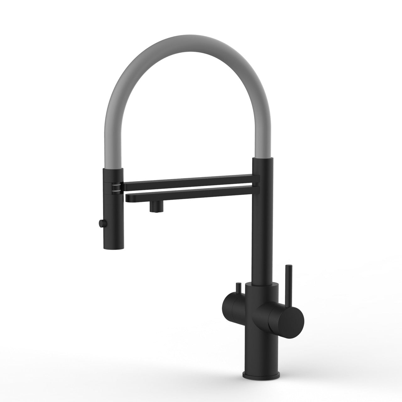 5 Way Kitchen Filter Tap in Solid STAINLESS STEEL, with 360° swivel spout and 2-jets removable Spray, Matt Black PVD / Gray - Short version 47CM