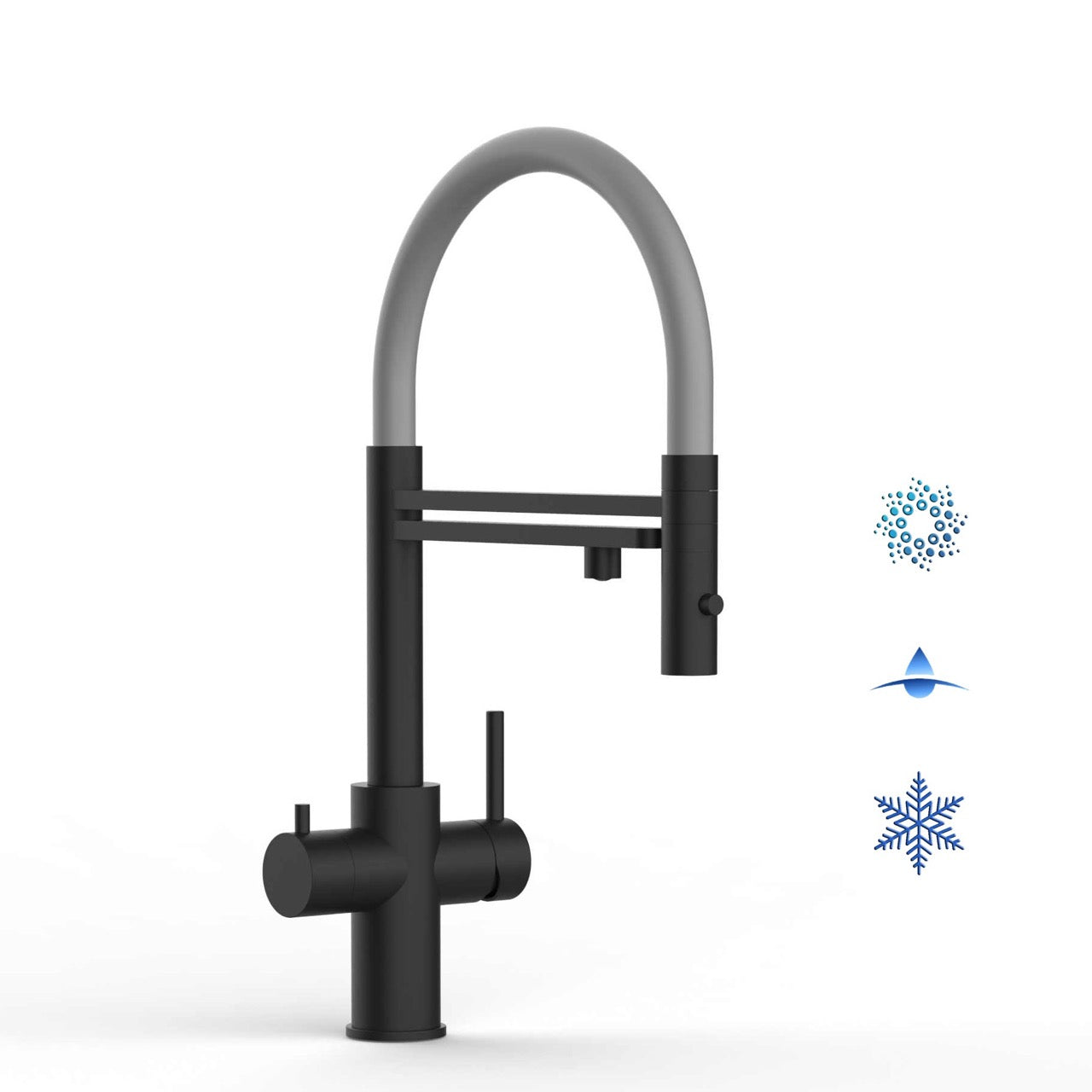 5 Way Kitchen Filter Tap in Solid STAINLESS STEEL, with 360° swivel spout and 2-jets removable Spray, Matt Black PVD / Gray - Short version 47CM
