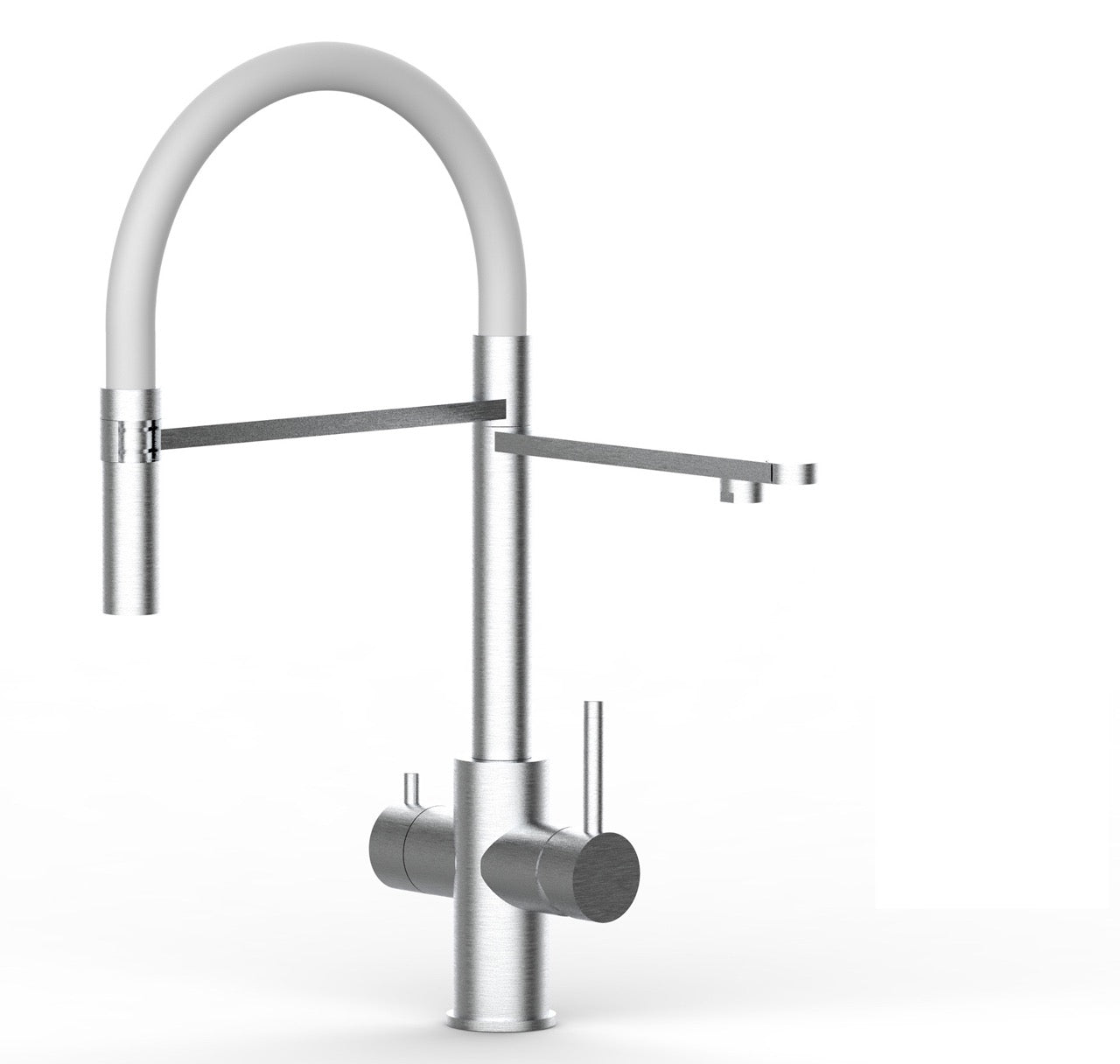 5 Way Kitchen Filter Tap in Solid STAINLESS STEEL, with 360° swivel spout and 2-jets removable Spray, Brushed / White - Short version 47CM