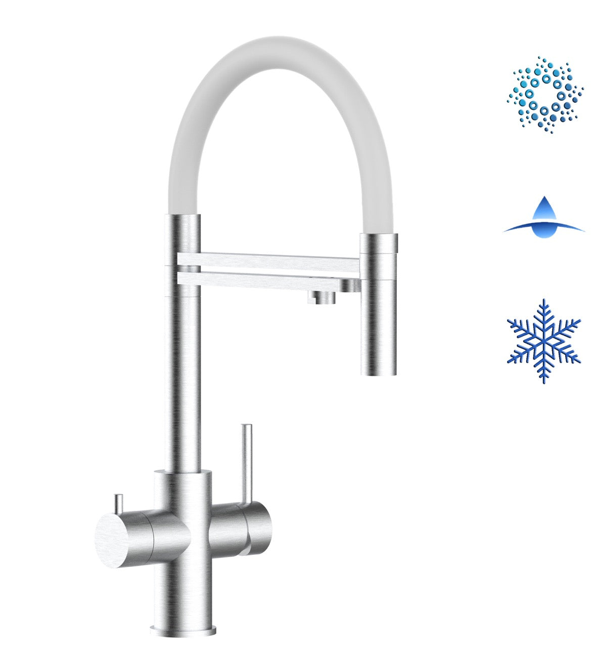 5 Way Kitchen Filter Tap in Solid STAINLESS STEEL, with 360° swivel spout and 2-jets removable Spray, Brushed / White - Short version 47CM
