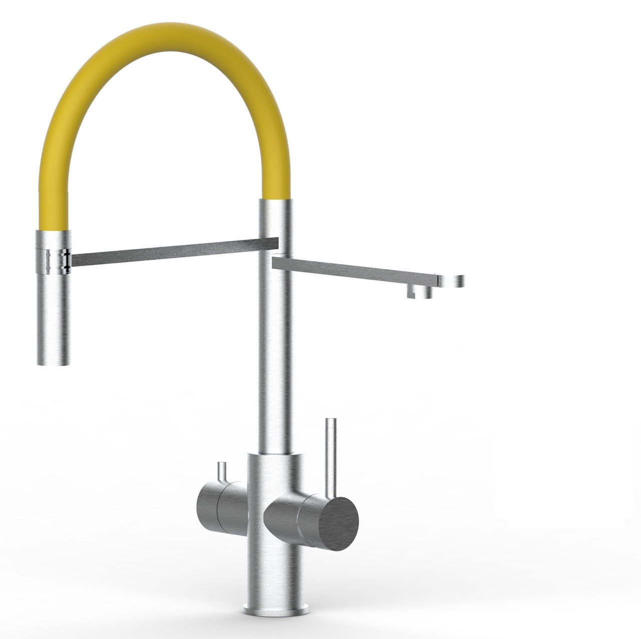 5 Way Kitchen Filter Tap in Solid STAINLESS STEEL, with 360° swivel spout and 2-jets removable Spray, Brushed / Yellow - Short version 47CM