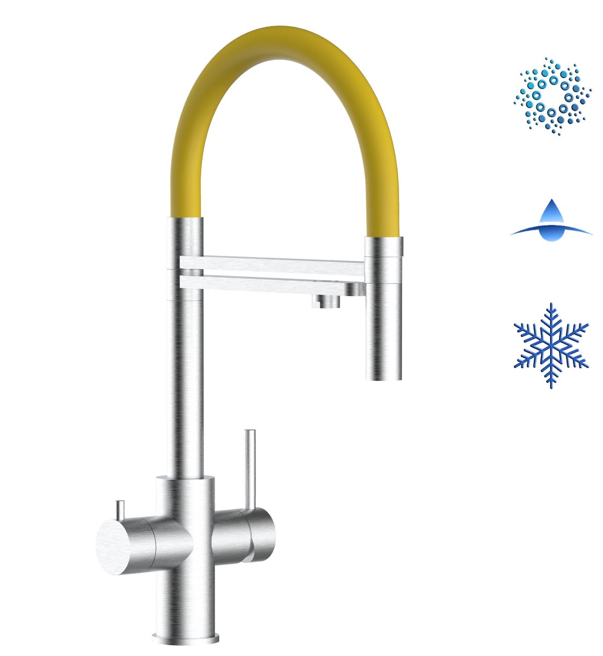 5 Way Kitchen Filter Tap in Solid STAINLESS STEEL, with 360° swivel spout and 2-jets removable Spray, Brushed / Yellow - Short version 47CM