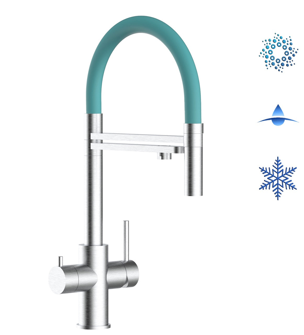 5 Way Kitchen Filter Tap in Solid STAINLESS STEEL, with 360° swivel spout and 2-jets removable Spray, Brushed / Turquoise - Short version 47CM