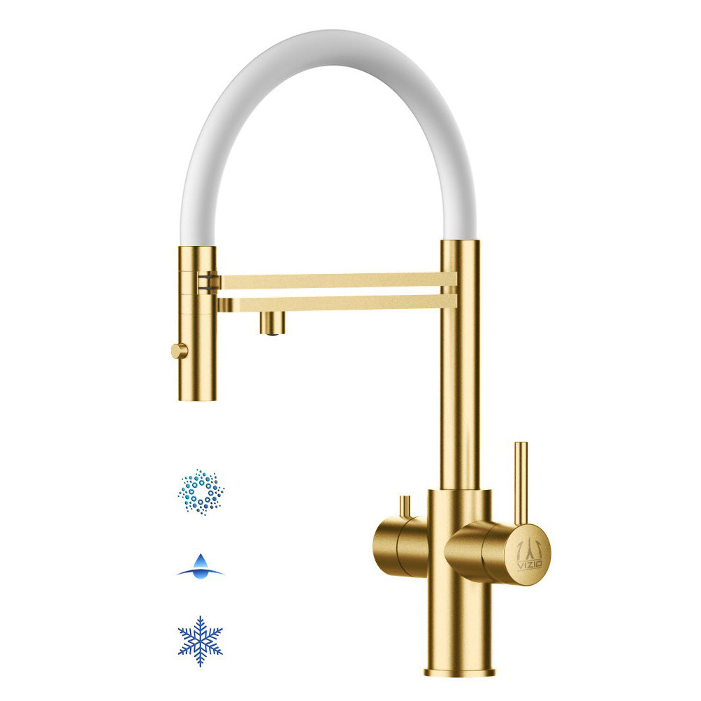5 Way Kitchen Filter Tap in Solid STAINLESS STEEL, with 360° swivel spout and 2-jets removable Spray, Satin Gold PVD / White - Short version 47CM