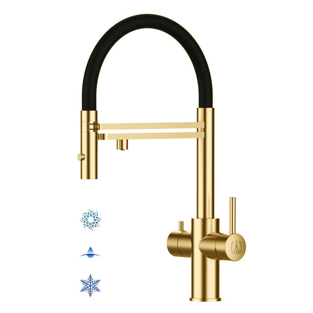 5 Way Kitchen Filter Tap in Solid STAINLESS STEEL, with 360° swivel spout and 2-jets removable Spray, Satin Gold PVD / Black - Short version 47CM