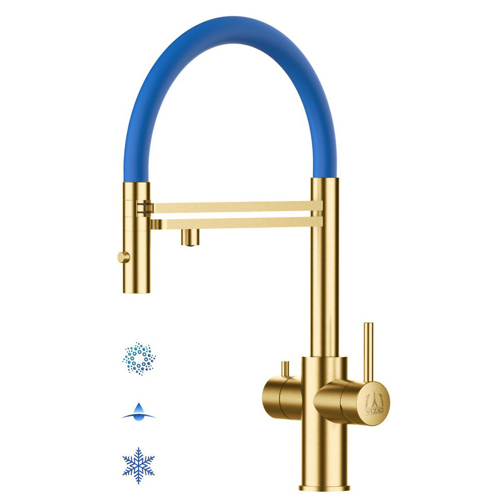 5 Way Kitchen Filter Tap in Solid STAINLESS STEEL, with 360° swivel spout and 2-jets removable Spray, Satin Gold PVD / Blue - Short version 47CM