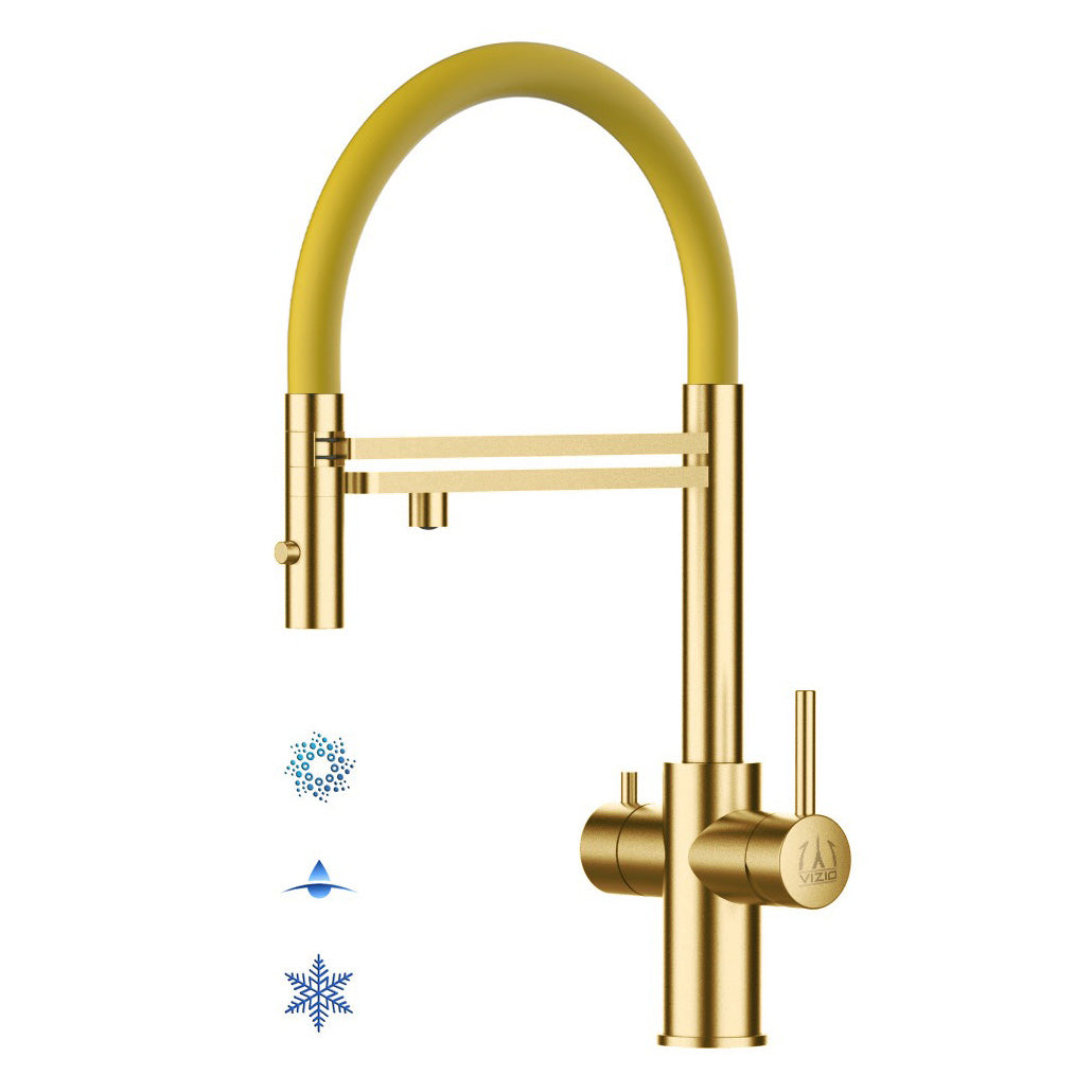 5 Way Kitchen Filter Tap in Solid STAINLESS STEEL, with 360° swivel spout and 2-jets removable Spray, Satin Gold PVD / Yellow - Short version 47CM
