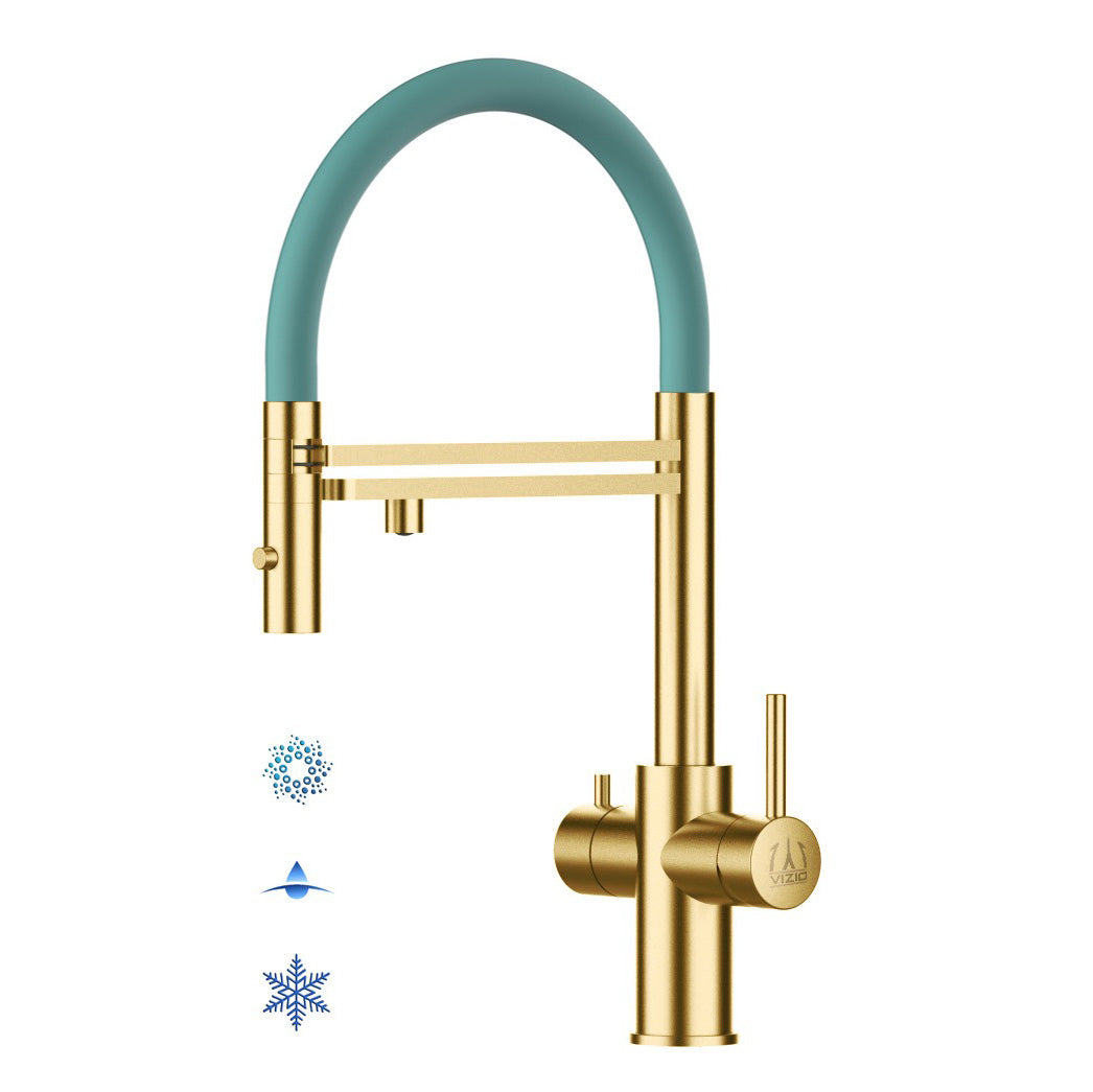 5 Way Kitchen Filter Tap in Solid STAINLESS STEEL, with 360° swivel spout and 2-jets removable Spray, Satin Gold PVD / Turquoise - Short version 47CM