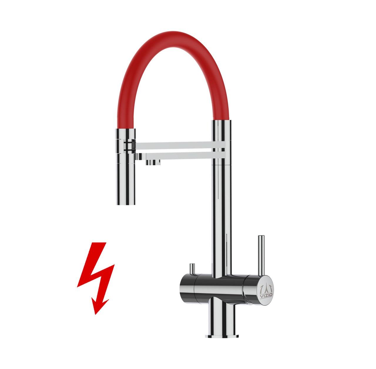 Kurzversion 45CM - NIEDERDRUCK 3 Wege Wasserhahn Küchenarmatur, Edelstahl Massiv mit 360° schwenkbarem Auslauf, abnehmbare 2 strahl Handbrause, Hochglanz / Rot