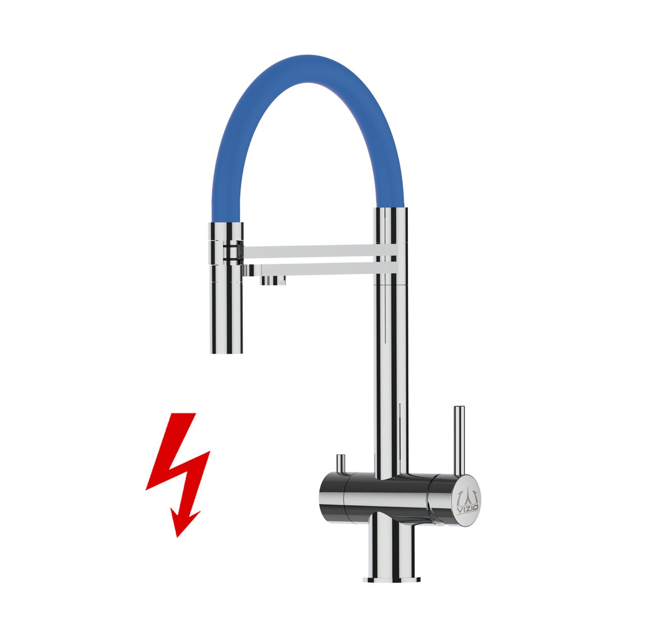 Kurzversion 45CM - NIEDERDRUCK 3 Wege Wasserhahn Küchenarmatur, Edelstahl Massiv mit 360° schwenkbarem Auslauf, abnehmbare 2 strahl Handbrause, Hochglanz / Blau