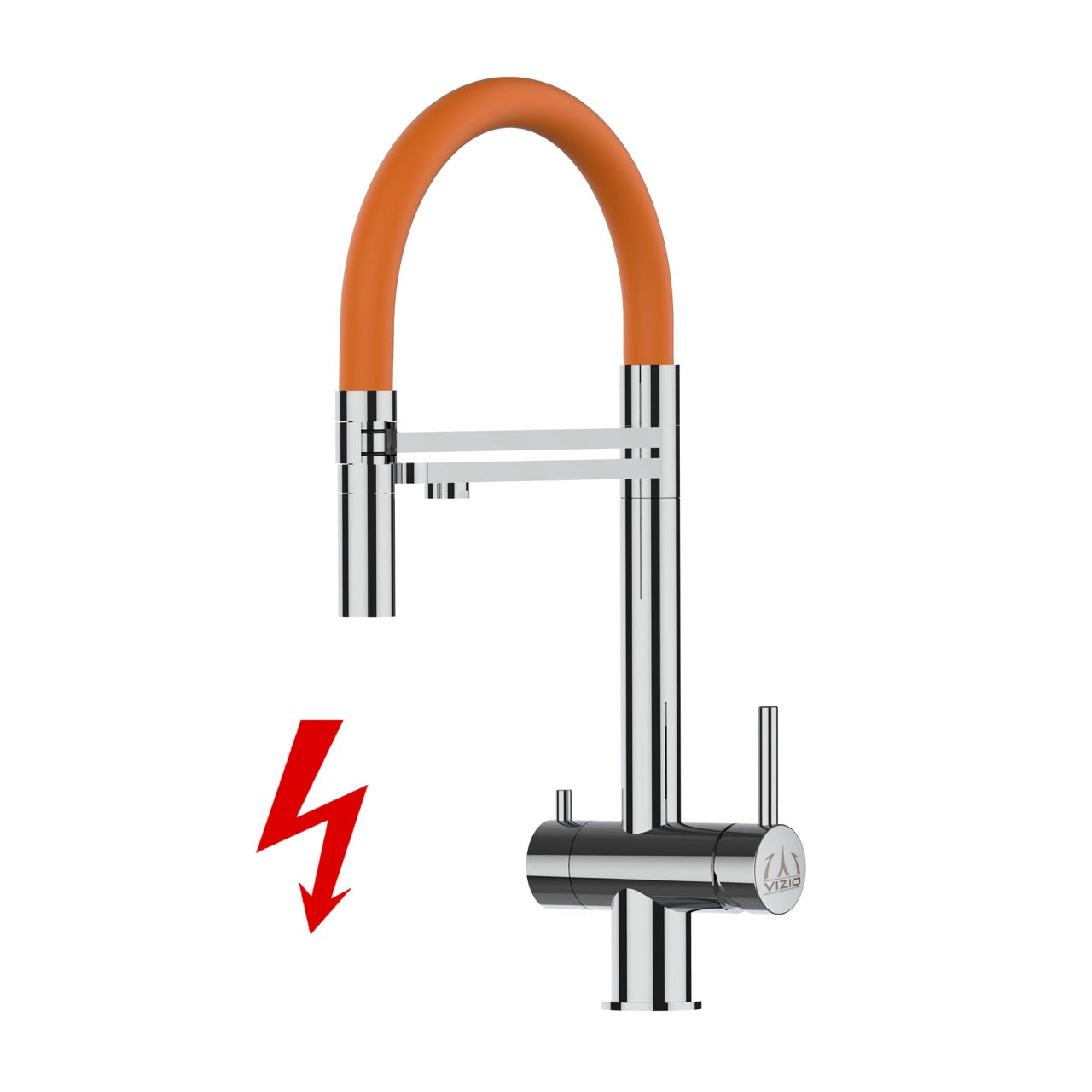 Kurzversion 45CM - NIEDERDRUCK 3 Wege Wasserhahn Küchenarmatur, Edelstahl Massiv mit 360° schwenkbarem Auslauf, abnehmbare 2 strahl Handbrause, Hochglanz / Orange
