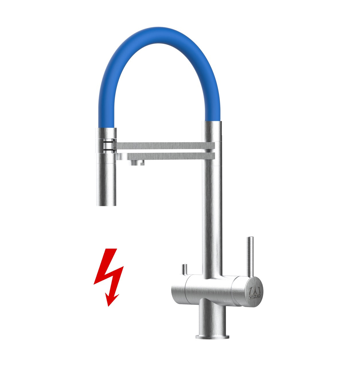 Kurzversion 45CM - NIEDERDRUCK 3 Wege Wasserhahn Küchenarmatur, Edelstahl Massiv mit 360° schwenkbarem Auslauf, abnehmbare 2 strahl Handbrause, Gebürstet / Blau