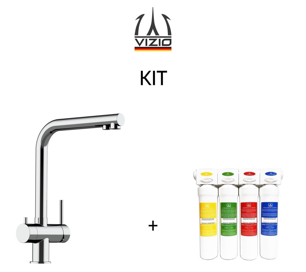 KIT Vollständiges Wasserfilter system + 3 Wege Wasserhahn Küchenarmatur, Edelstahl Massiv mit 360° schwenkbarem L-Auslauf, Hochglanz Poliert