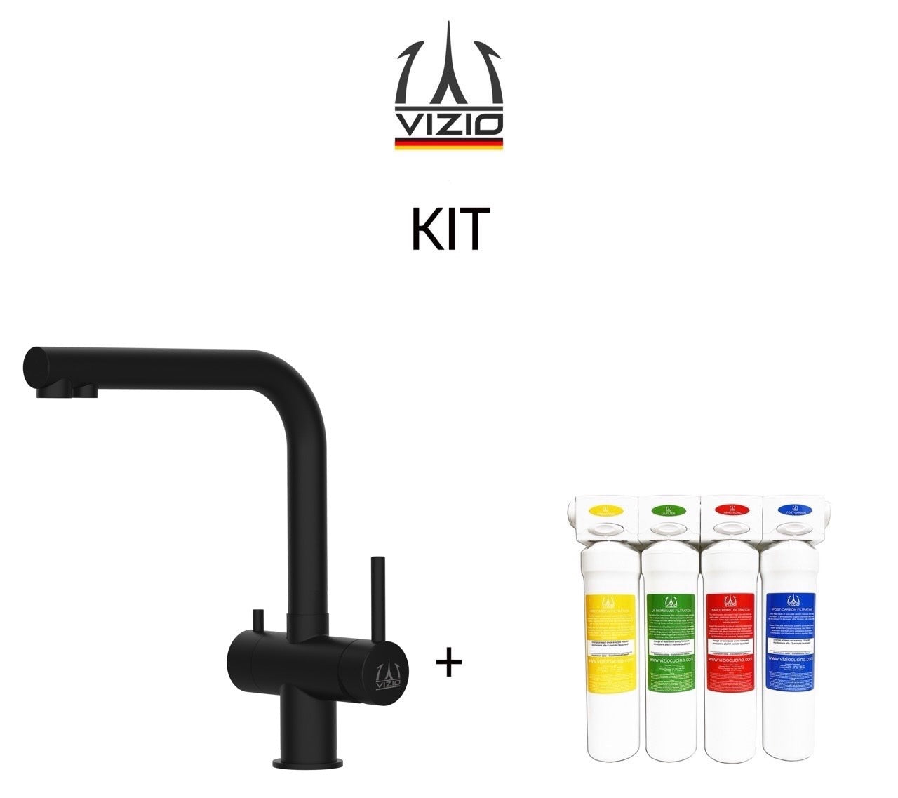 KIT Vollständiges Wasserfilter system + 3 Wege Wasserhahn Küchenarmatur, Edelstahl Massiv mit 360° schwenkbarem L-Auslauf, PVD Schwarz Matt