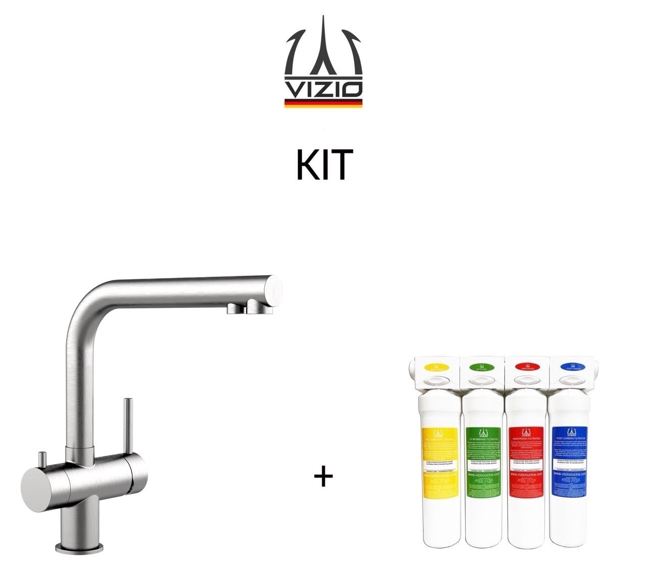 KIT Vollständiges Wasserfilter system + 3 Wege Wasserhahn Küchenarmatur, Edelstahl Massiv mit 360° schwenkbarem L-Auslauf, Gebürstet - Kurzversion