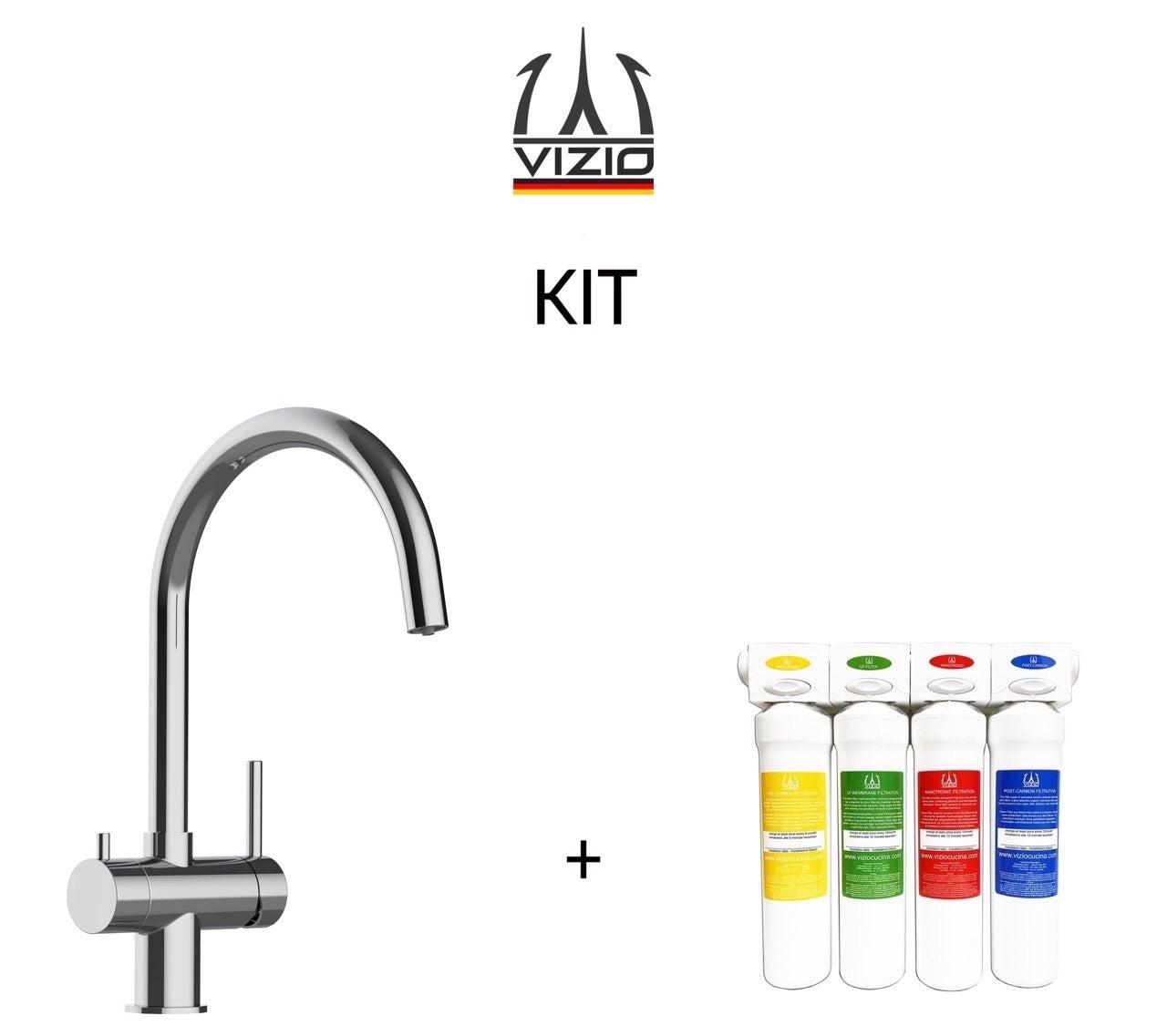 KIT Vollständiges Wasserfilter system + 3 Wege Wasserhahn Küchenarmatur, Edelstahl Massiv mit 360° schwenkbarem U-Auslauf, Hochglanz Poliert