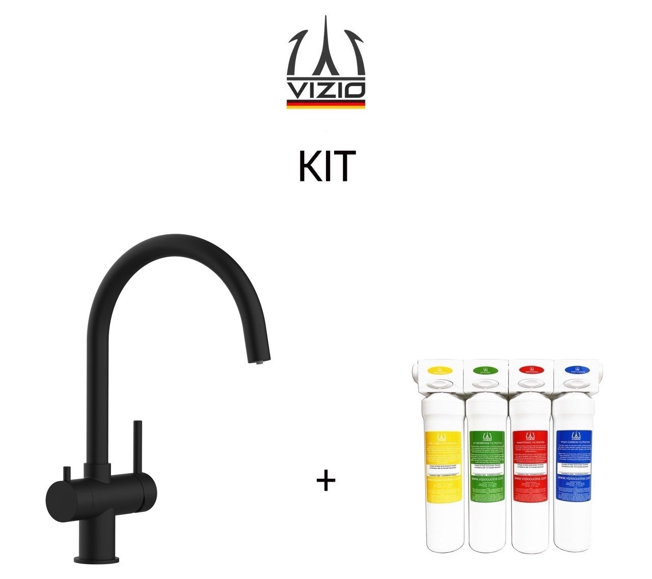 KIT Vollständiges Wasserfilter system + 3 Wege Wasserhahn Küchenarmatur, Edelstahl Massiv mit 360° schwenkbarem U-Auslauf, PVD Schwarz Matt
