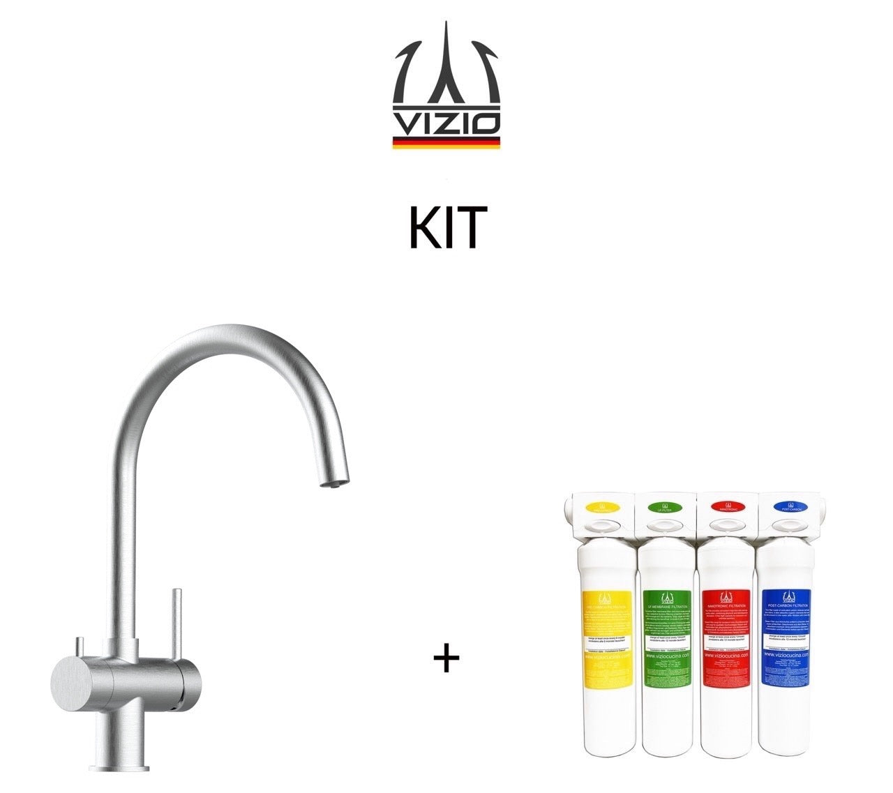 KIT Vollständiges Wasserfilter system + 3 Wege Wasserhahn Küchenarmatur, Edelstahl Massiv mit 360° schwenkbarem U-Auslauf, Gebürstet