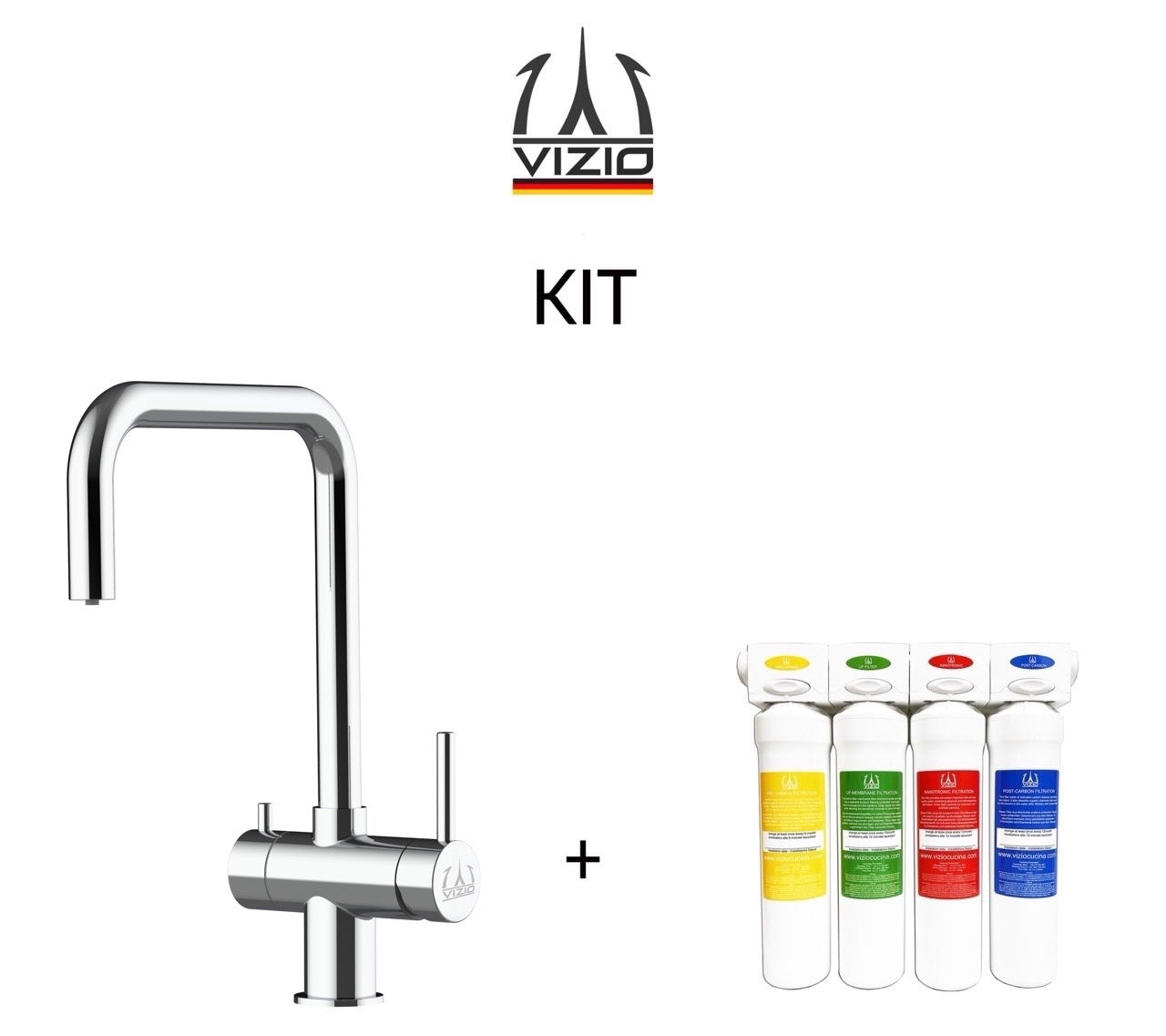 KIT Vollständiges Wasserfilter system + 3 Wege Wasserhahn Küchenarmatur, Edelstahl Massiv mit 360° schwenkbarem N-Auslauf, Hochglanz Poliert