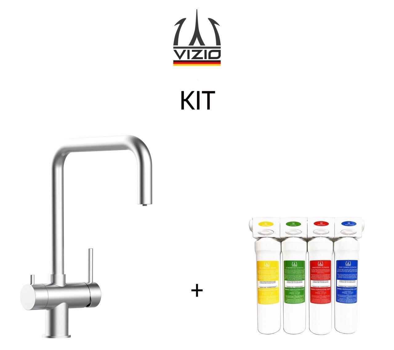 KIT Vollständiges Wasserfilter system + 3 Wege Wasserhahn Küchenarmatur, Edelstahl Massiv mit 360° schwenkbarem N-Auslauf, Gebürstet