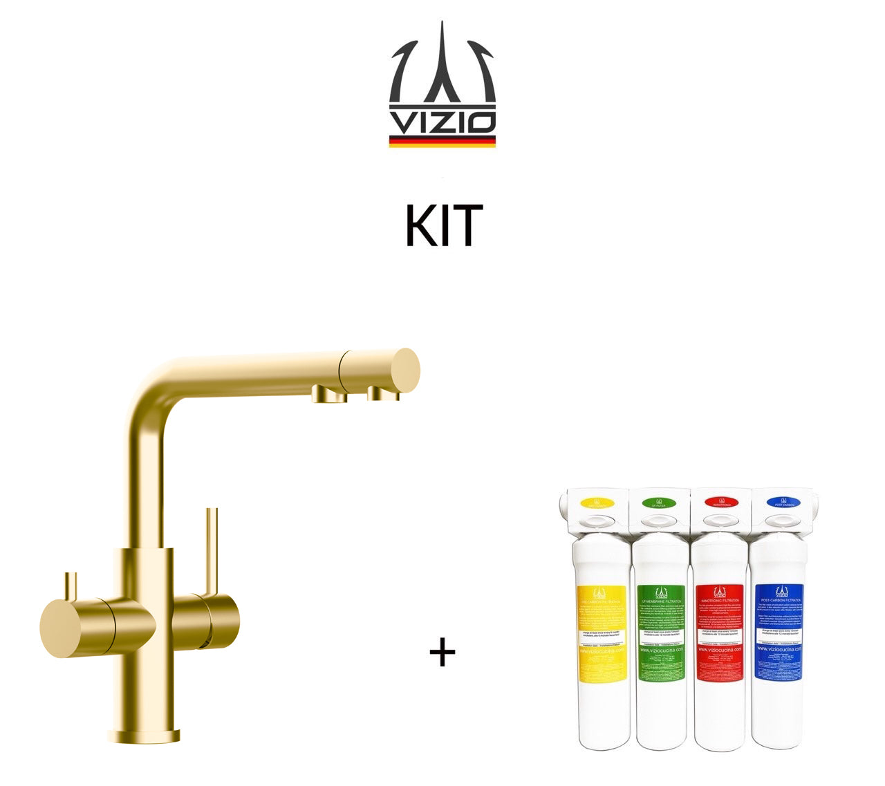 KIT Completo sistema di filtrazione a carboni attivi e Rubinetto cucina 3 VIE in ACCIAIO INOX PVD Oro Satinato, canna a L girevole con bocca estraibile