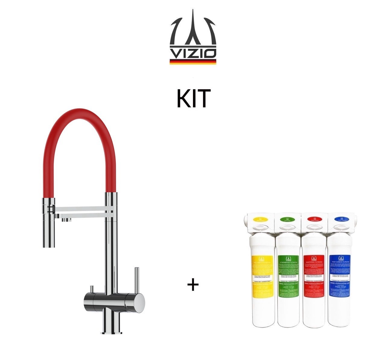 KIT Completo sistema di filtrazione a carboni attivi + Rubinetto cucina 3 VIE in ACCIAIO INOX Lucido, canna girevole 360° e doccetta 2 getti movibile