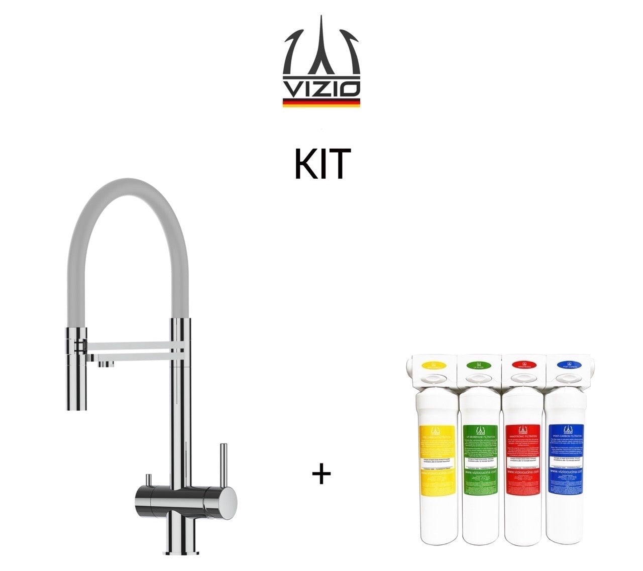 KIT Completo sistema di filtrazione a carboni attivi + Rubinetto cucina 3 VIE in ACCIAIO INOX Lucido, canna girevole 360° e doccetta 2 getti movibile