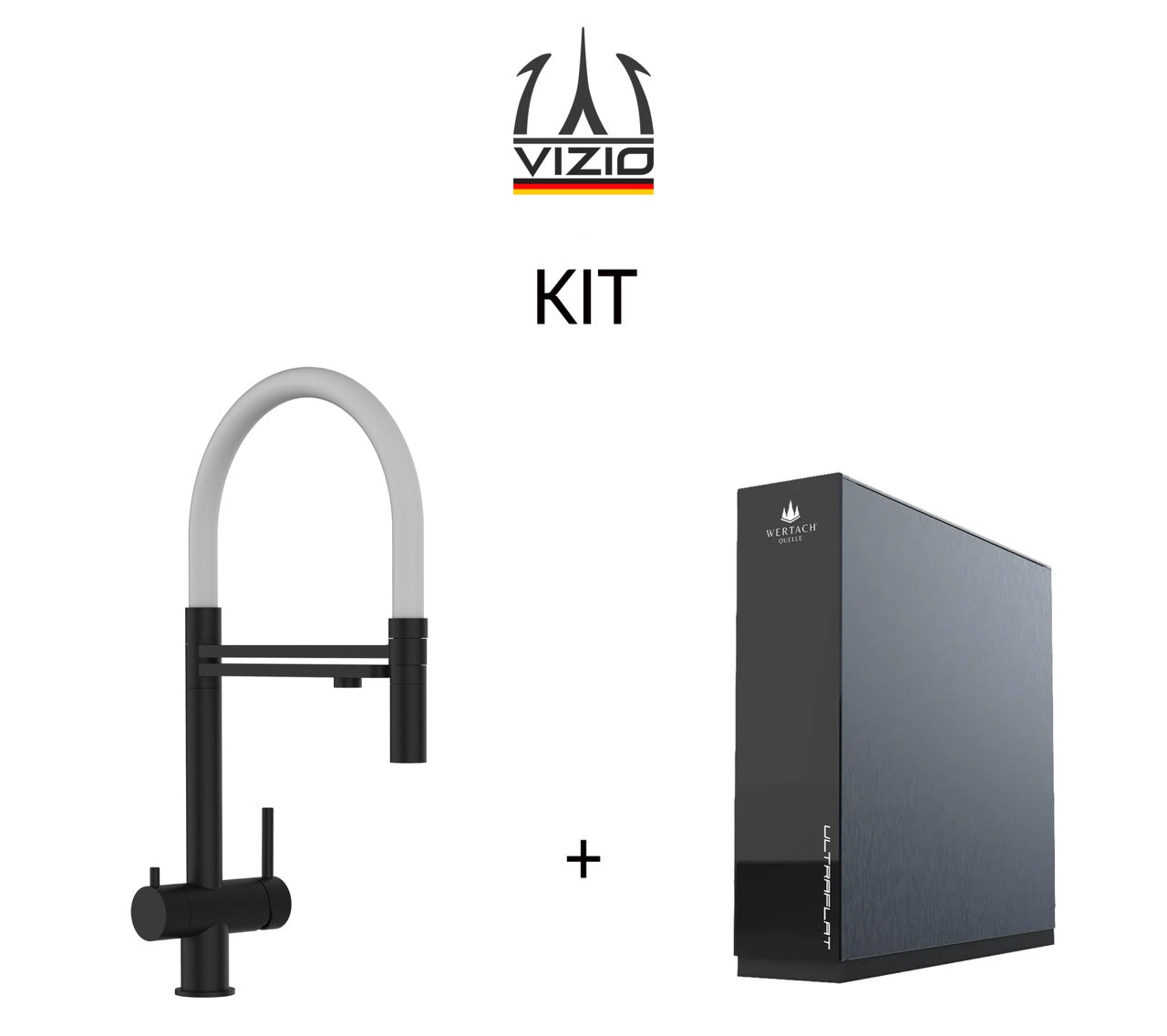 KIT: Grifo de Cocina 3 Vías in Acero Inoxidable Macizo, con caño giratorio 360° y ducha 2 chorros amovible, PVD Negro Mate y Sistema de ósmosis inversa Wertach ULTRAFLAT