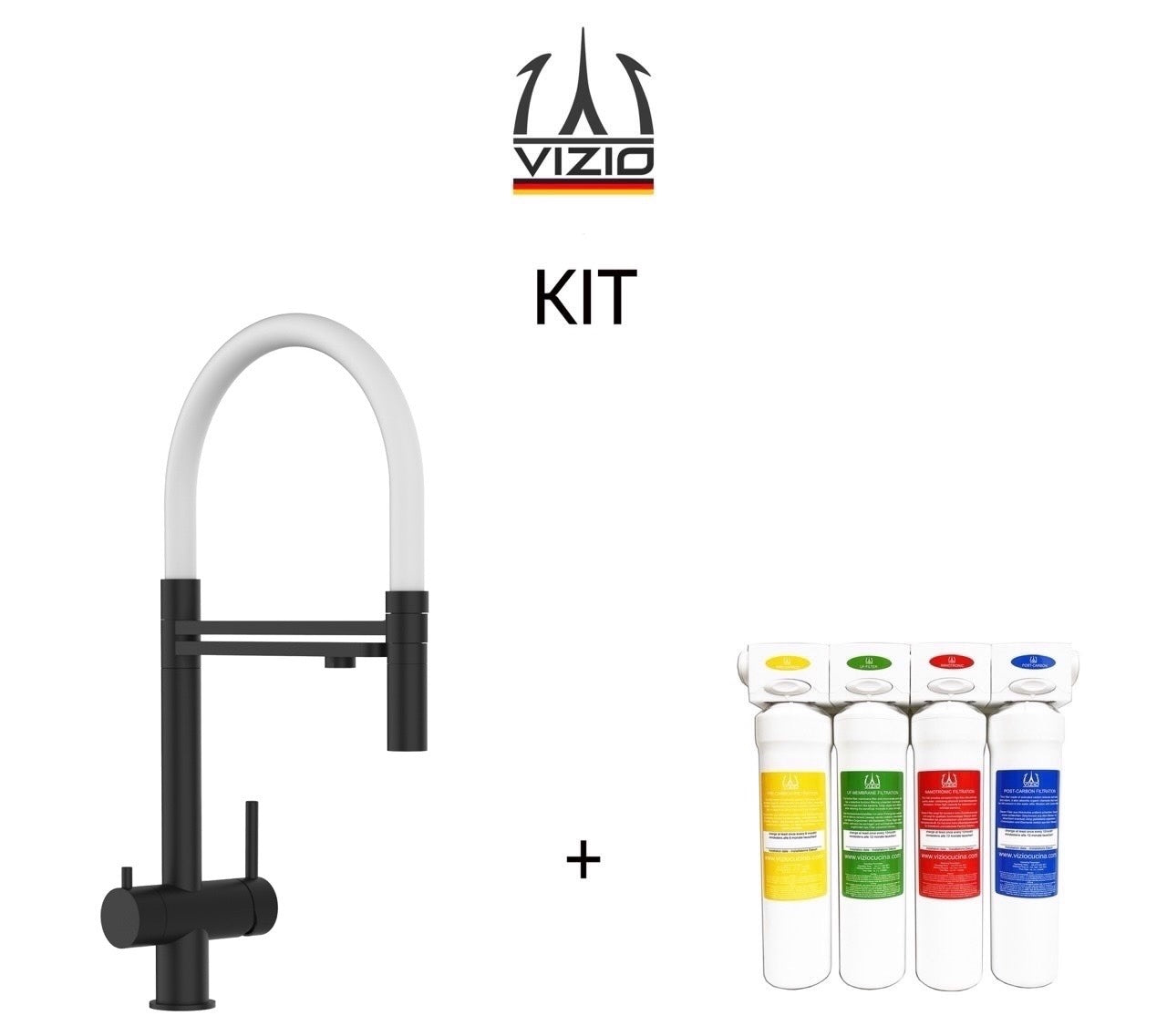 KIT Completo sistema di filtrazione a carboni attivi + Rubinetto cucina 3 VIE in ACCIAIO INOX PVD Nero Opaco, canna girevole 360° e doccetta 2 getti movibile
