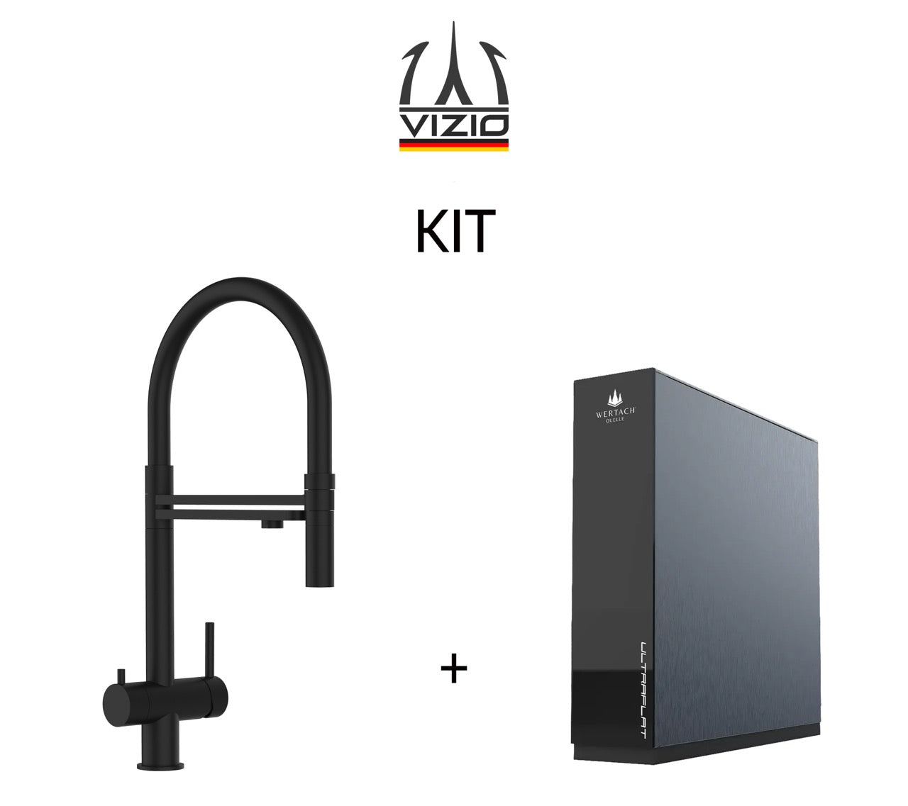 KIT: Grifo de Cocina 3 Vías in Acero Inoxidable Macizo, con caño giratorio 360° y ducha 2 chorros amovible, PVD Negro Mate y Sistema de ósmosis inversa Wertach ULTRAFLAT
