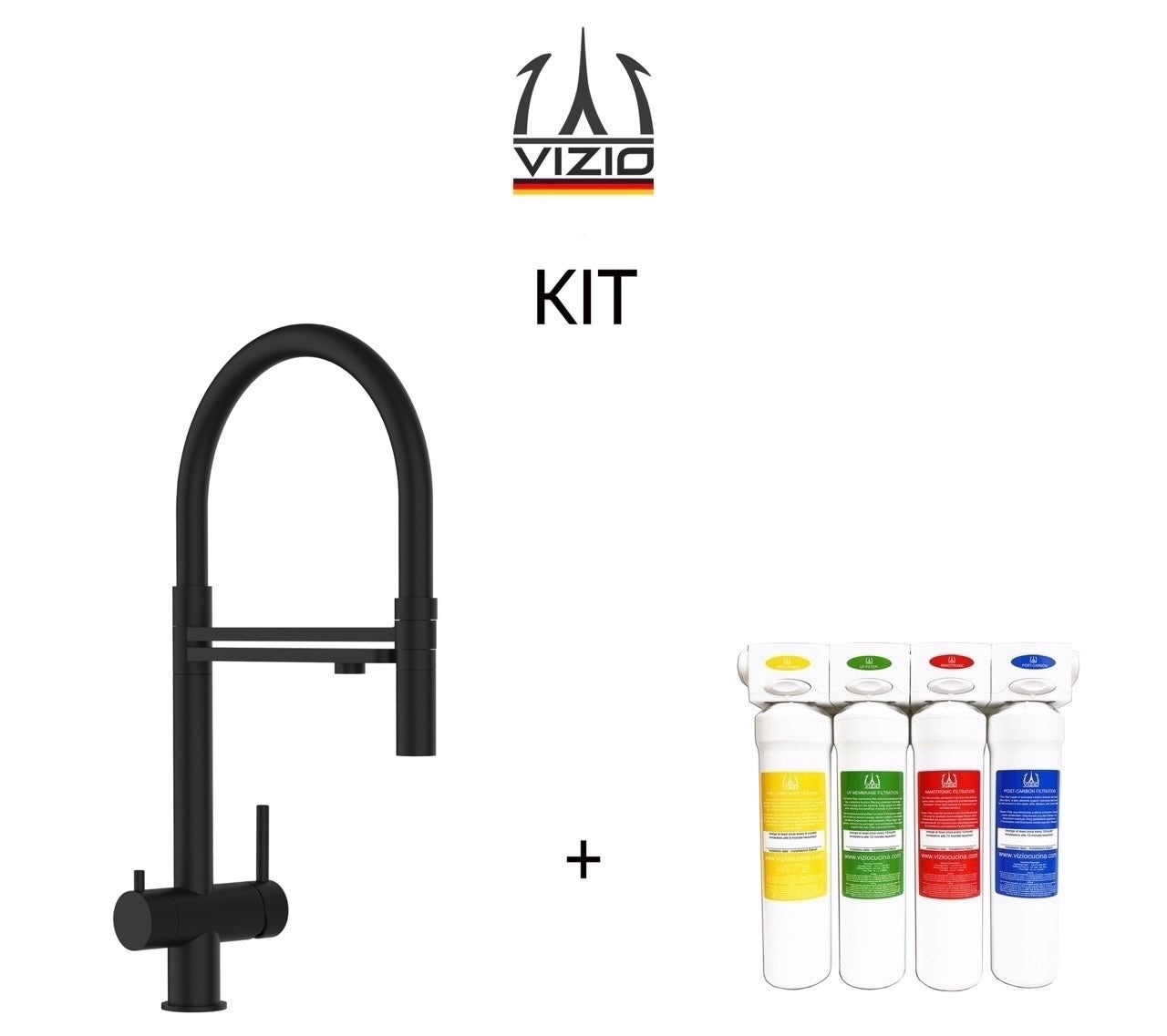 KIT Completo sistema di filtrazione a carboni attivi + Rubinetto cucina 3 VIE in ACCIAIO INOX PVD Nero Opaco, canna girevole 360° e doccetta 2 getti movibile