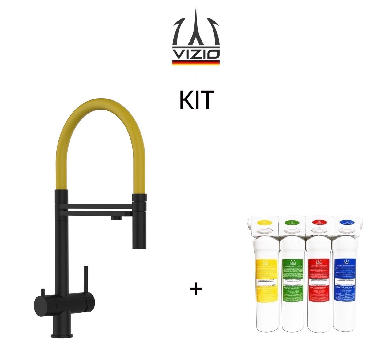 KIT Wasserfiltersystem und 3 Wege Wasserhahn Küchenarmatur, Edelstahl Massiv mit 360° schwenkbarem Auslauf, abnehmbare 2 strahl Handbrause, PVD Schwarz Matt
