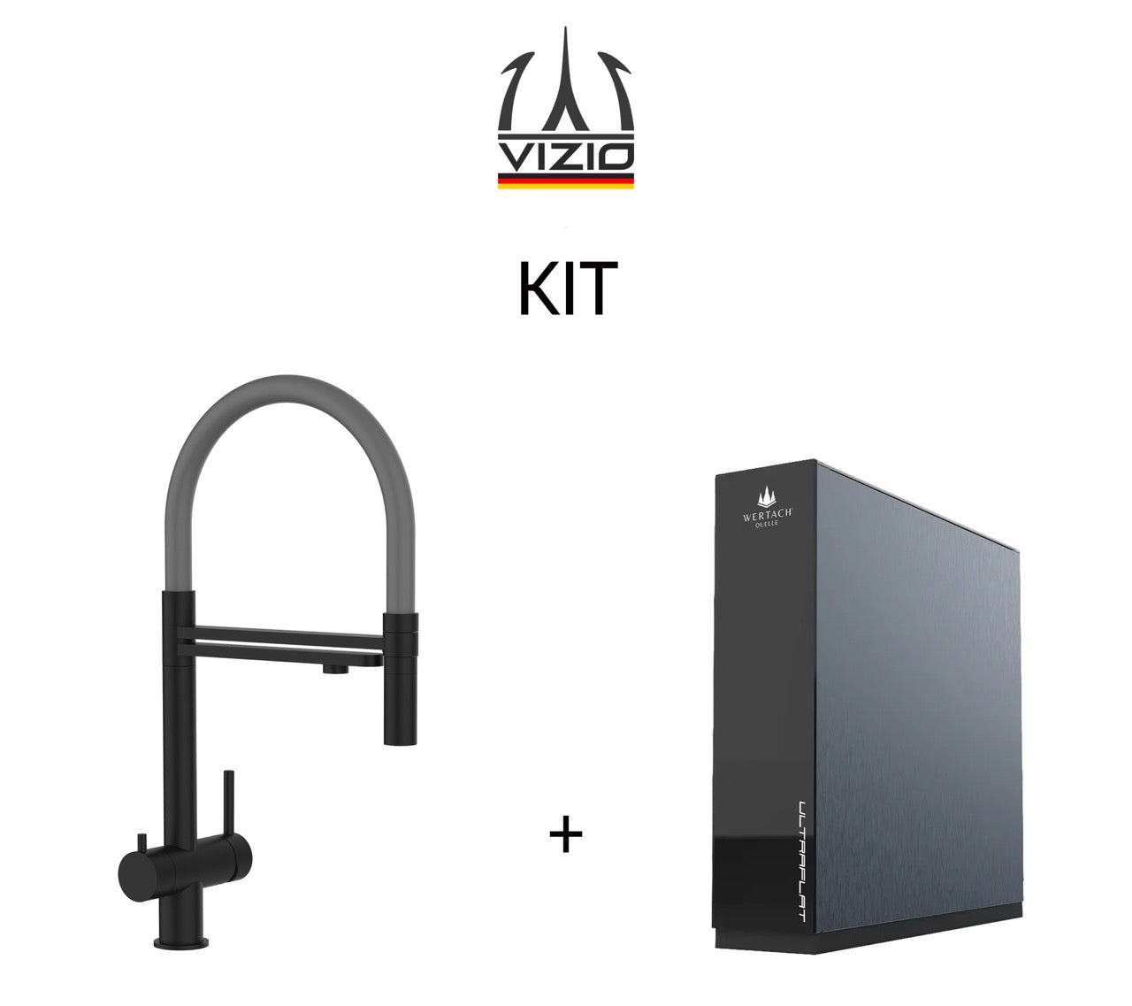 KIT: Grifo de Cocina 3 Vías in Acero Inoxidable Macizo, con caño giratorio 360° y ducha 2 chorros amovible, PVD Negro Mate y Sistema de ósmosis inversa Wertach ULTRAFLAT