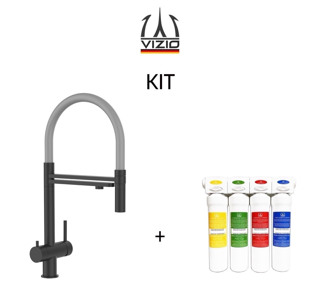 KIT Completo sistema di filtrazione a carboni attivi + Rubinetto cucina 3 VIE in ACCIAIO INOX PVD Nero Opaco, canna girevole 360° e doccetta 2 getti movibile